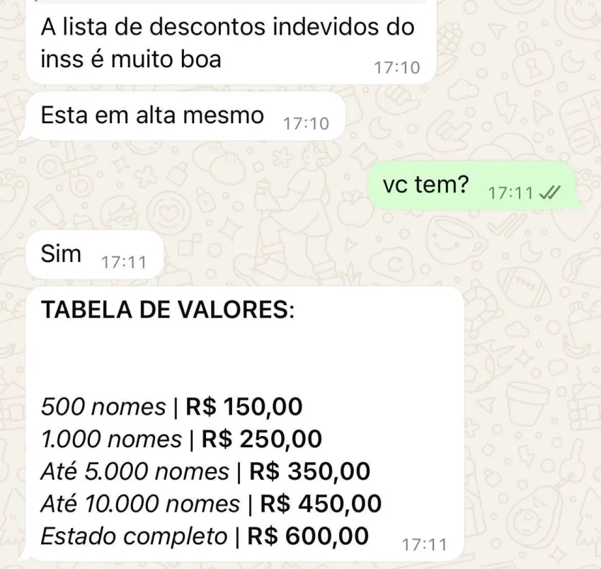 Listas de vendas dos dados dos segurados do INSS. / Fonte: Reprodução / CNN